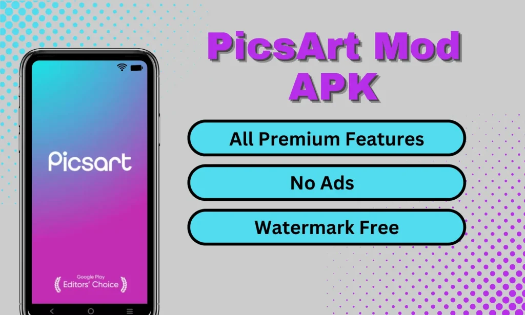 A mobile show picsart logo with picsart all premium features mentioned with picsart mod apk
