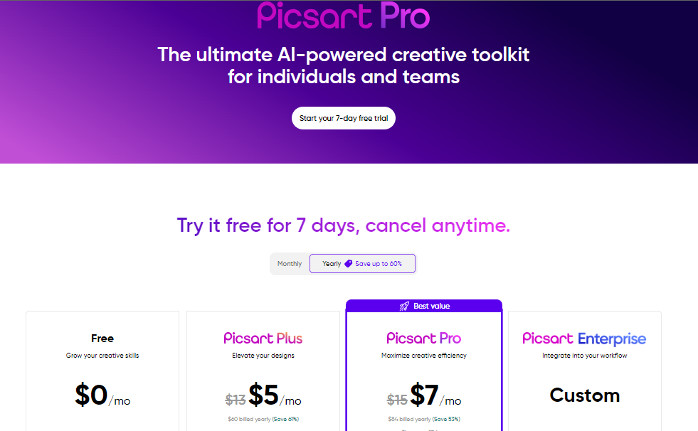 A screenshot of picsart pro subscriptions with multiple options to buy pro plan