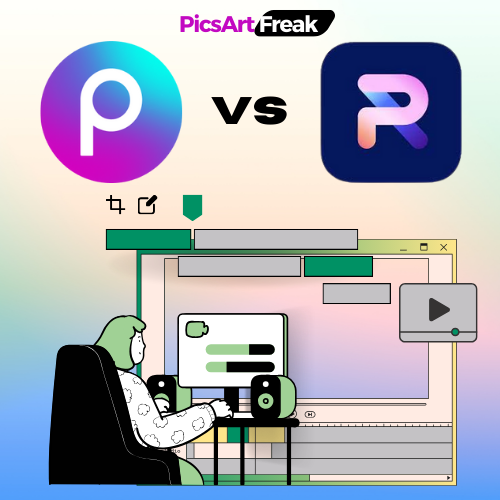 picsart vs Photoroom comparison with logo of picsartfreak.com and the animated picture with eiting look