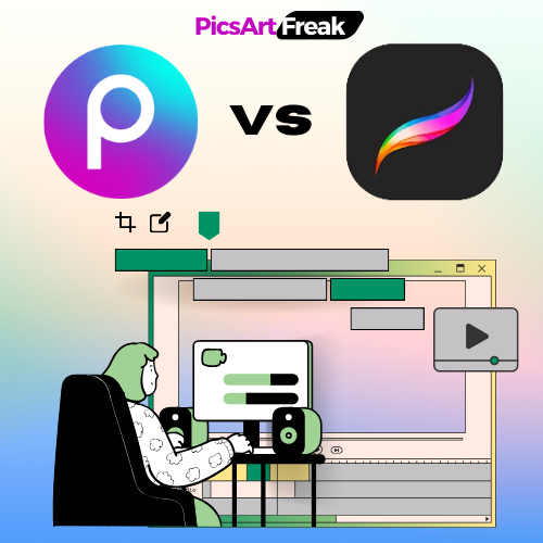 picsart vs Procreate comparison with logo of picsartfreak.com and the animated picture with eiting look
