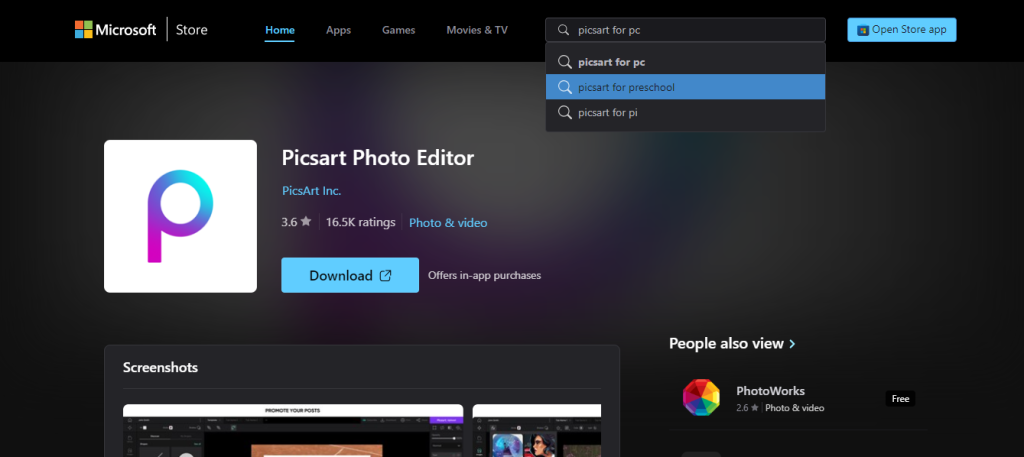 A screenshot how to serch on microsoft for downloading picsart.
