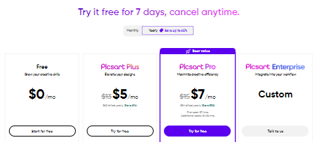 A pricing plan detail view for viewer who wnat to buy the picsart for pc any plan.